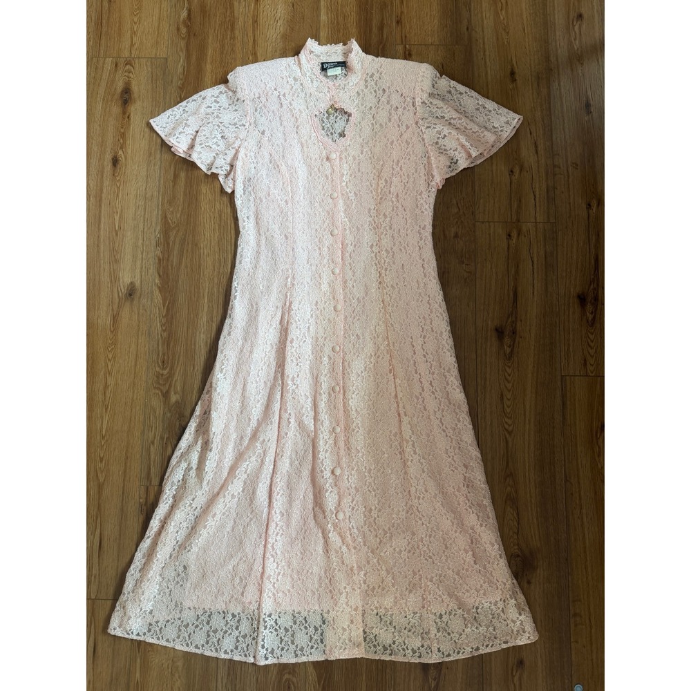 Vintage Dawn Joy Fashions Pink Lace Midi Dress Keyhole Neckline Corset Back 16W